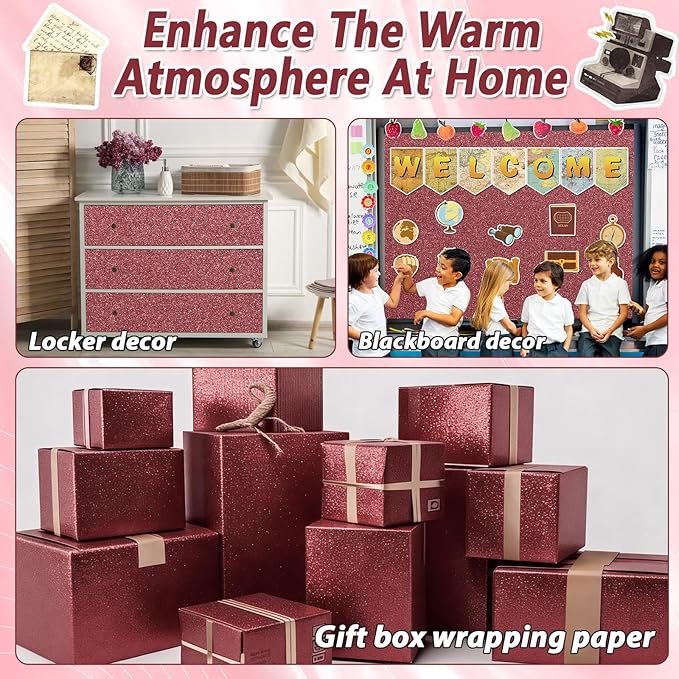 Qyeahkj 17in x 20ft Glitter Bulletin Board Paper Roll Bulletin Board Background Paper Fade Resistant Classroom Decoration Poster Art Craft Home Wall Education Decor Supplies Wine Red