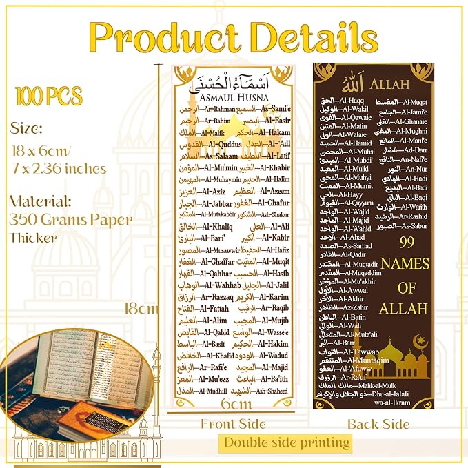 100 Packs 99 Names of Allah Bookmark Arabic English Islamic Bookmarks Reflecting on The Names of Allah Ramadan Eid Gifts Bulk Quran Muslim Islamic Arabic Gifts for Women Men Quran Learning