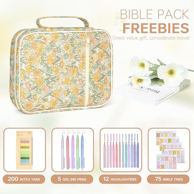 Bible Cover Case for Women Corduroy Bible Case for Girls Large Bible Cover with Handle Bible Study Supplies Accessories Christian Gifts for Women (Sun Flower, Medium)