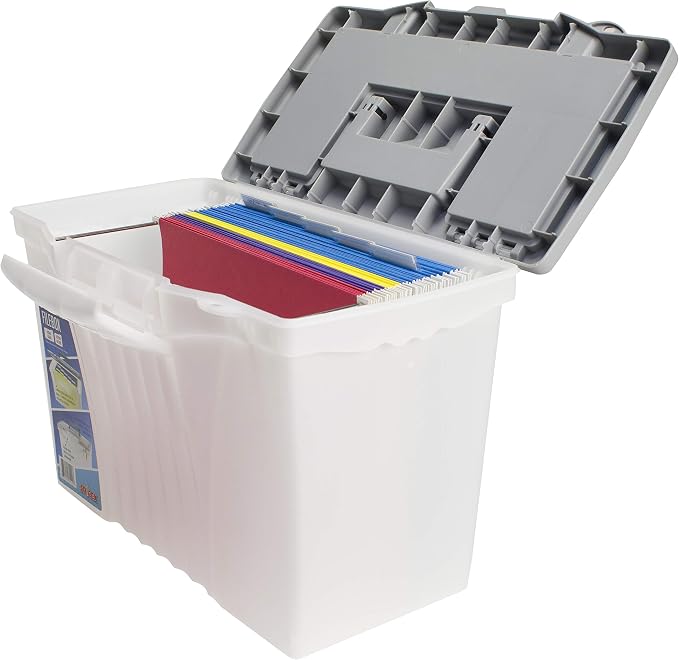 Storex Portable File Box with Organizer Lid, 17.13 x 9.63 x 11 Inches, Frosted/Silver (61511A01C)