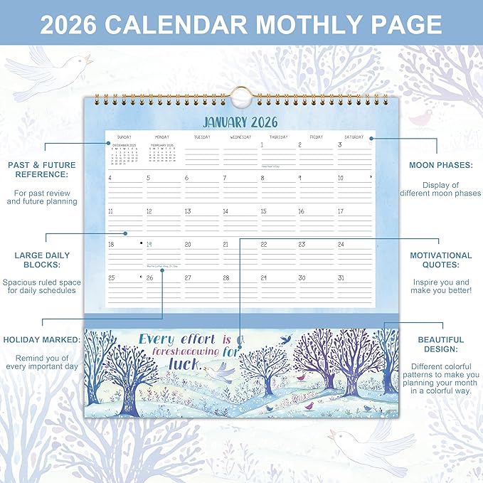 2026 Wall Calendar - 2026 Calendar with Pockets, 12" x 12", Jan. 2026 - Dec. 2026, with Ample Ruled Space, Holidays, 2-Sided Pockets, 12 Seasonal Calendar 2026, Great for Home & Office