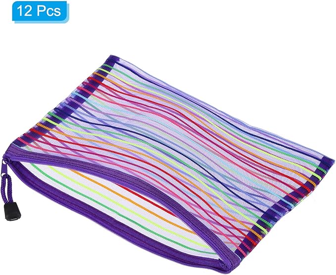 PATIKIL Mesh Zipper Pouch, 12 Pack Nylon A5 Size Pen Pencil Case Document Toiletry Cosmetic Makeup Zipper Travel Pouch Organizer for Office, Purple