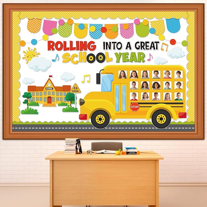 Funrous 89 Pcs Back to School Bulletin Board Set Yellow Bulletin Board Borders Yellow Bus Cutouts DIY Photo Crafts Rolling into a Great School Year Classroom Decor for Welcome Back Classroom Office