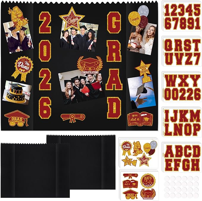 AmazingSpark 2 Sets Graduation Photo Display Board Trifold Poster Board with 12 Graduation Themed Stickers for 2026 Grad Party Decoration Picture Collage Frame Supplies (40 x 28,Red Gold)
