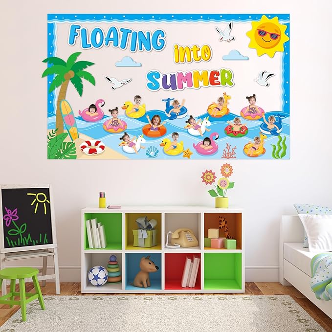 Summer Bulletin Board Classroom Decorations Floating into Summer Paper Cutouts Swim Ring DIY Photo Craft Set Hawaiian Theme Tropical Bulletin Board Borders for Back to School Office Teacher Supplies