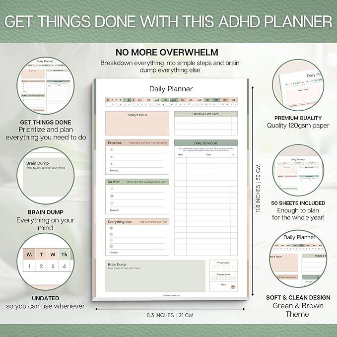 ADHD Daily Planner Notepad for Neurodivergent Adults - Productivity Daily Planner Desk Pad & Task Management to Stay Organized and Focused Note Pad (Green, A4)