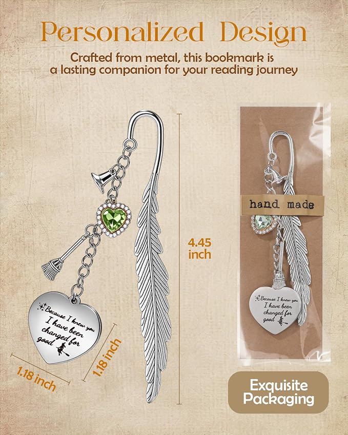 Buleens Bookmarks for Women Reading - Book Marks for Readers Book Lovers, Feather Fantasy Witch Green Personalized Metal Bookmark with Pendants, Pretty and Aesthetic Book Accessories Reading Gifts