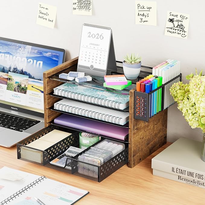 Simple Trending 5-Tier Paper Organizer Letter Tray, Wood Desk Organizers and Accessories with Drawer & Pen Holder for Home Office School