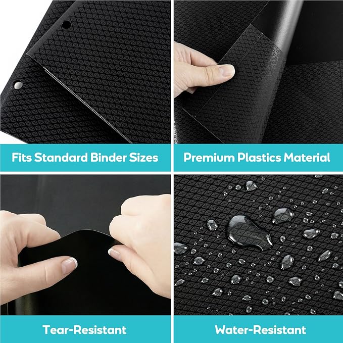Textured 2 Pocket Folder, (3 Pack, Black) Plastic Folders with Pockets 3 Hole Punched, Fits Letter Size 3-Ring Binder, Heavy Duty Textured Folder for School,Office