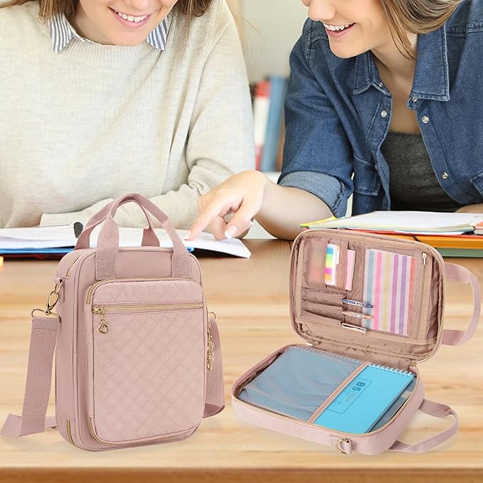 Teamoy Journal Supplies Storage Case, Journal Supplies Holder with Pen Slots, Travel Organizer Holder for B5 Notebooks, Planner, Pens, Journal Supplies and Accessories, Pink Quilted