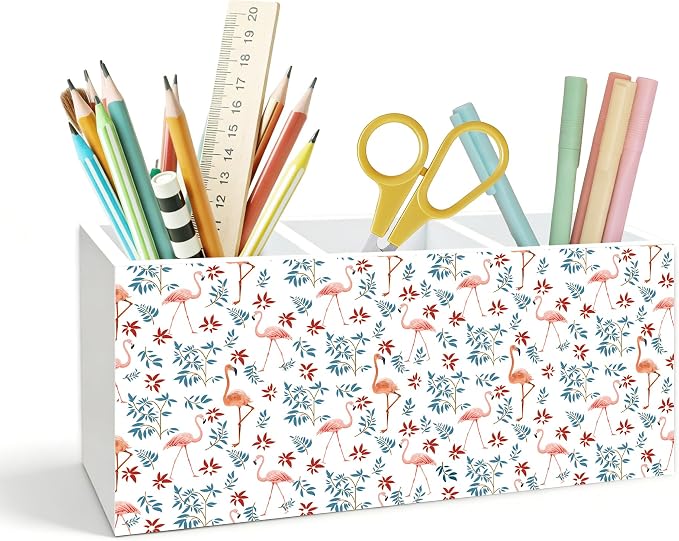 Pink Flamingo Pen Holder for Desk, Flamingo Gifts for Women, Tropical Leaf Flamingos Wooden Box Pencil Pen Holder Organizer for Home Office Desk Accessories