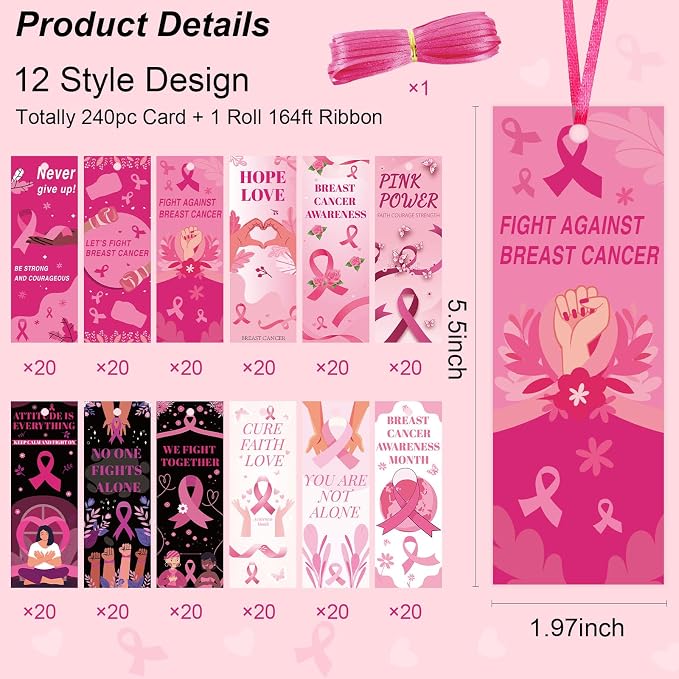 240 PCS Bookmarks with Ribbon 2 x 5.5 Inch Pink Library Card for Reading for Teacher Women and Book Lovers