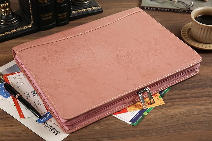 Pink Leather Padfolio for Women, Business Leather Binder 3 Ring Portfolio, Personalzied Leather Portfolio Binder (Pink, Custom)