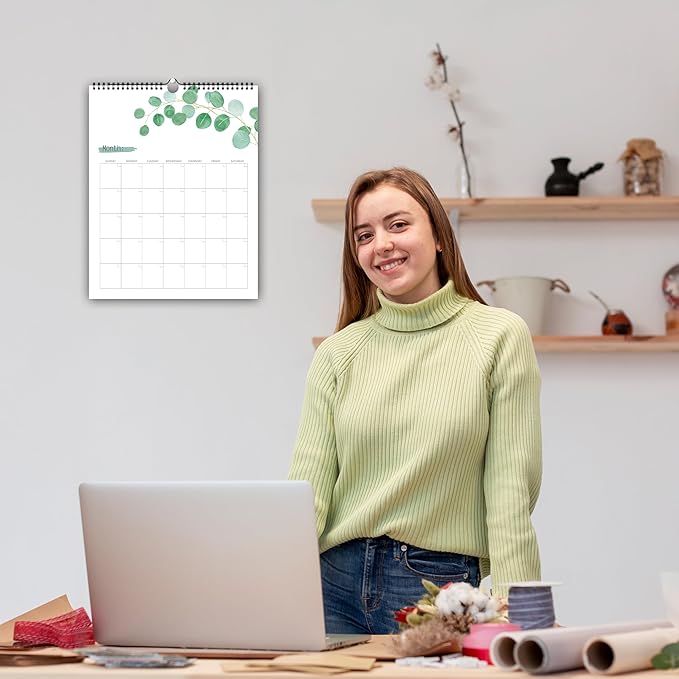 Aesthetic Wall Calendar, Blank Monthly Weekly Wall Calendar, 14.5"x 11.5", Undated Monthly Planner Note Pad for Organizing Home Office, Green Leaves