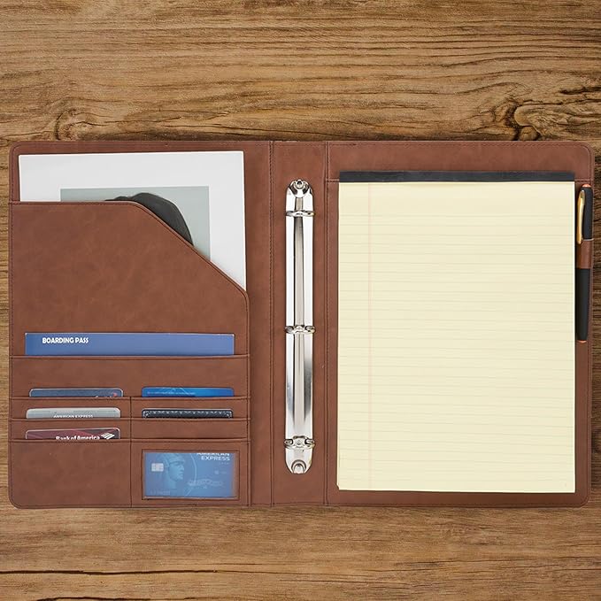 Vegan Leather 3 Ring Binder, 8.5 x 11 Letter Size Folio with Pen Holder, Soft Notebook Portfolio Cover, Slim Notepad Padfolio Thin File Organizer for Work Executive Meeting, Brown