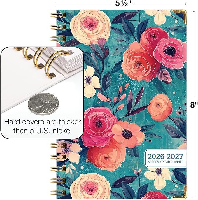HARDCOVER Academic Year 2026-2027 Planner: 14 Months (May 2026 Through June 2027) 5.5"x 8" Daily Weekly Monthly Planner Yearly Agenda. Bookmark, Pocket Folder and Sticky Note Set (Teal Floral)