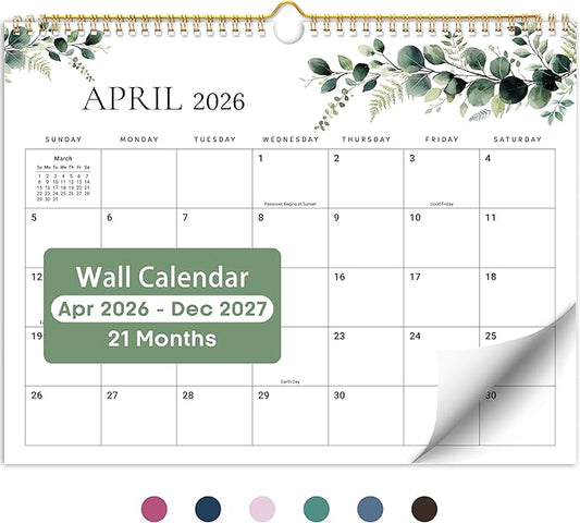 Calendar 2026-2027, Monthly Wall Calendar from April 2026 to December 2027, 11.5" x 14.7", Spiral Binding Hanging Wall Calendar, Perfect for Home or Office,Leaves