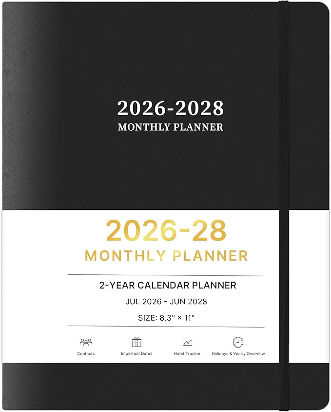 2026-2028 Monthly Planner, 2 Year Calendar Planner, Jul 2026 - Jun 2028, 8.3'' x 11'', 24 Months, Embossed Cover, with Printed Tabs ＆Pocket, Elastic Closure, Organizer for Office Home School, Black