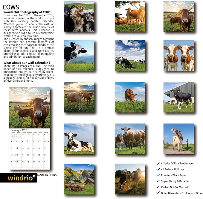 2026 Wall Calendar,Calendar 2026, November 2025 - December 2026, Wall Calendar Cows, 12" x 24" Opened,Full Page Months Thick & Sturdy Paper for Calendar Organizing & Planning