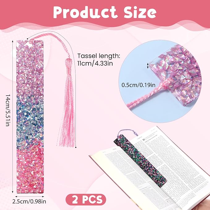 2Pcs Glitter Bookmarks for Girls Purple Pink Sparkly Bookmarks | Acrylic Bling Book Marks Resin Tassel Bookmark for Girls Women Book Lover Reading Presents
