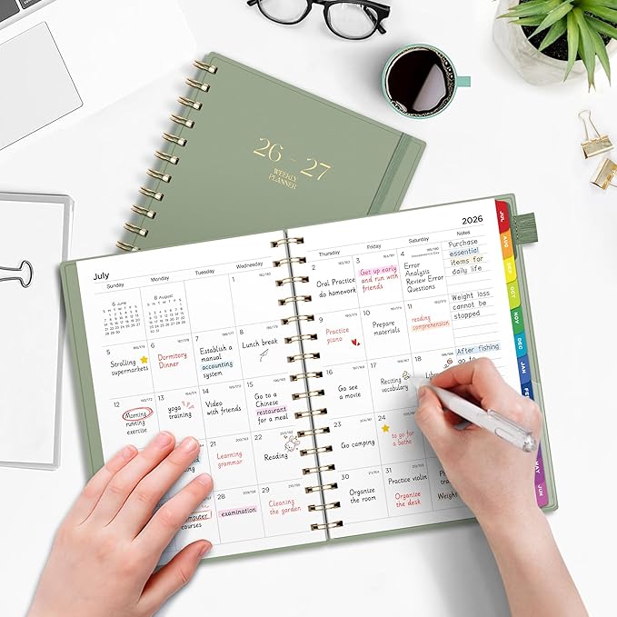 EMSHOI Academic Planner 2026-2027, Weekly and Monthly Calendar (July 2026 - June 2027), School Student Teacher Agenda Book, 100GSM Paper, PVC Cover, Colorful Tabs, A5 (6.38" x 8.35"), Light Green