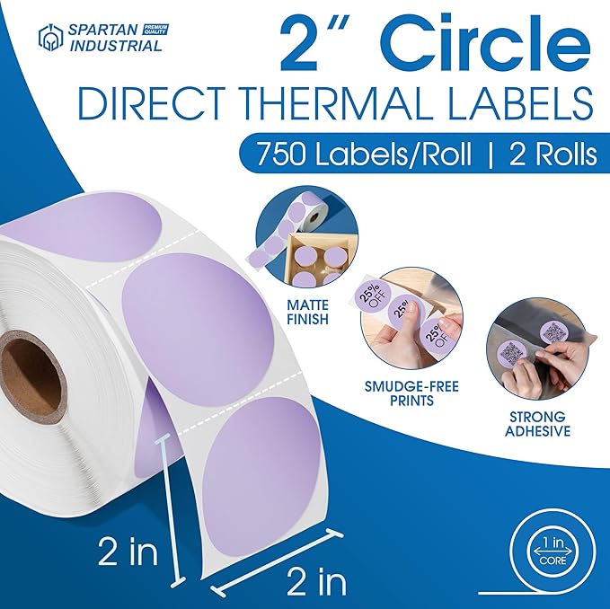 Spartan Industrial - 2" Circle Purple Direct Thermal Labels (1500 Count, 2 Rolls) - 2 Inch Color Thermal Labels for Logos, Packaging, Branding - Compatible with Zebra and Rollo Printers