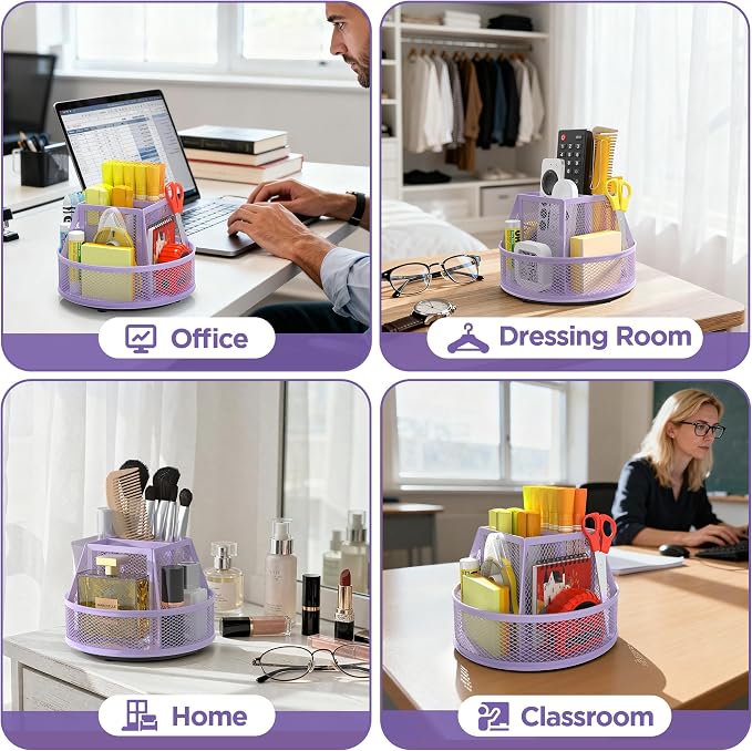Docnest 360° Rotating Pen Holder,Heavy-Duty Metal Mesh Desk Organizer with 6 Compartments for Pencils,Scissors & Markers –Space Saving Office Supply for Teachers, Students & Home Desk-Purple