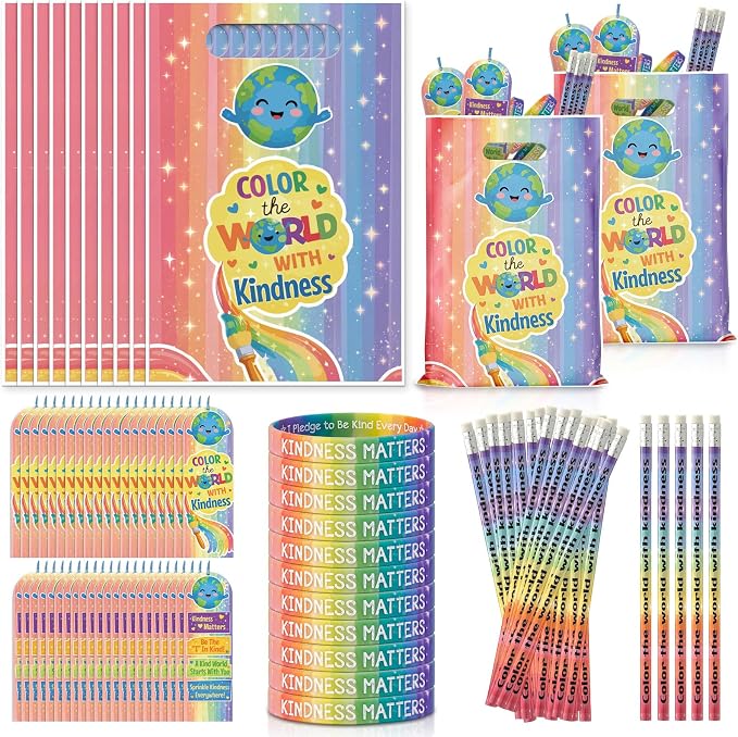 Resurhang 200 Pcs Color the World with Kindness Assorted Items Bulk 50 Set Kindness Week Plastic Goody Bag Bookmark Pencil Be Kind Bracelets Accessories for Anti Bullying Month Party Favor