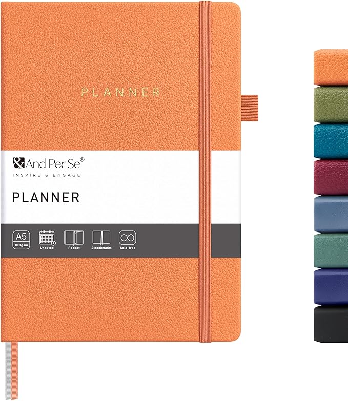And Per Se Undated Weekly Planner 2026, A5 size Leather Hardcover Planner with Goals & Habit Tracker – ADHD Planner & Productivity Journal (Pumpkin Orange)