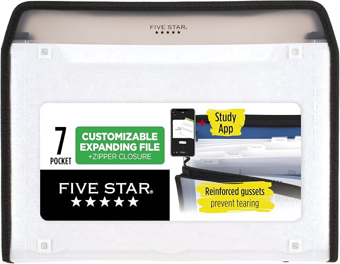 Five Star Expanding File Organizer + Study App, 7-Pocket Accordian File Organizer, Zipper Closure, Holds 8-1/2" x 11" Paper, White (350099E-ECM) (Pack of 6)