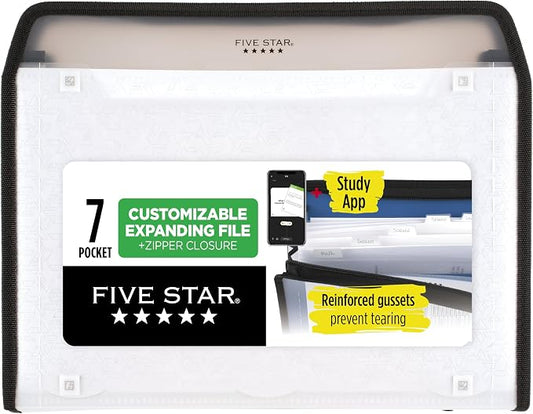 Five Star Expanding File Organizer + Study App, 7-Pocket Accordian File Organizer, Zipper Closure, Holds 8-1/2" x 11" Paper, White (350099E-ECM) (Pack of 6)