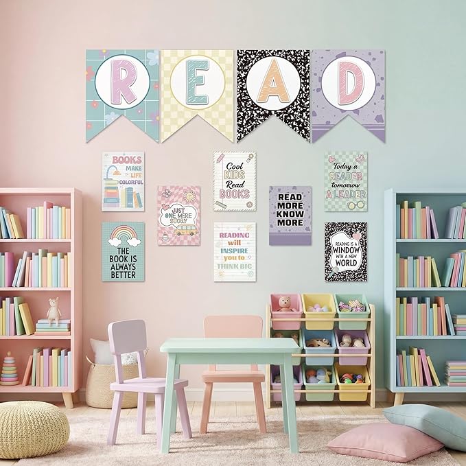 Reading Classroom Decorations Library Posters Bulletin Board Sets for Elementary Classroom Pennants Decor for Back to School Nursery Library Teacher Supplies(Macaron Colors)