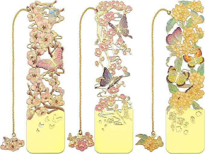 3 PCS Metal Bookmarks, Bookmarks for Women, Beautiful Flower Bookmark, Osmanthus Fragrans, Plum Blossom, Apricot Blossom (BKM-050-004)