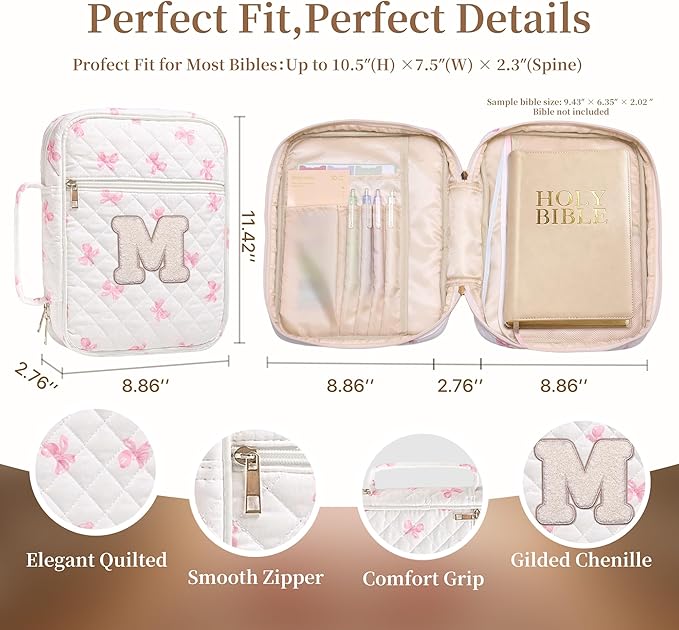 Personalized Initial Bible Cover Case for Women – Large Quilted Bible Bag with Handle, Chenille Letter, Bible Study Kit, Christian Gift for Mom, Grandma & Daughter (Pink Bow-M)