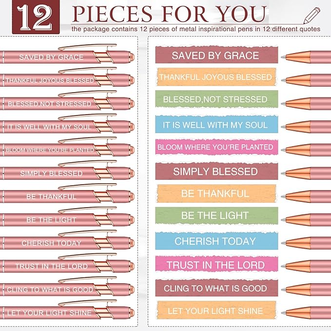 Zonon 12 Pcs Inspirational Pens Gift Set Funny Ballpoint Pen with Stylus Tip Motivational Graduation Gifts Bulk for Teacher Coworkers Nurse School Office Supplies(Rose Gold,Bible Style)