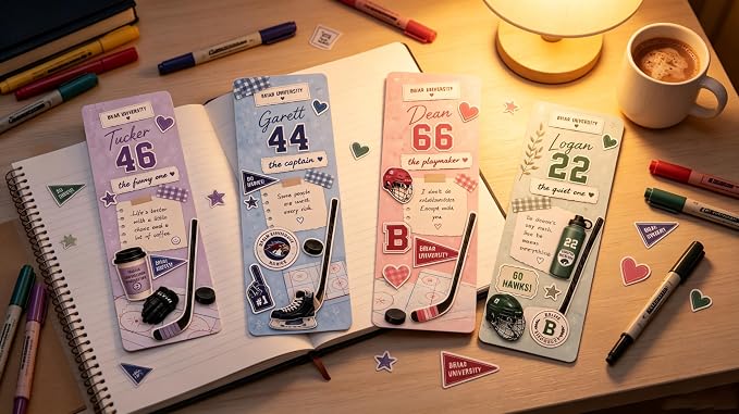 4Pcs Off Campus Inspired Bookmarks, Off Campus Merch Stuff Featuring Tucker, Garett, Dean & Logan - Ideal Off Campus‌ Gifts Accessories Merchandise for Fans Women Men Birthday Book Lovers