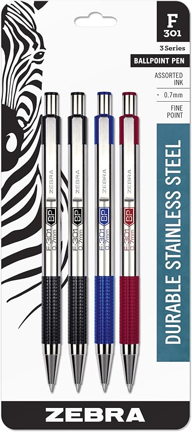 Zebra Pen F-301 Ballpoint Assorted Ink Fine Point 0.7mm Pen, Easy-Glide Ink, Stainless Steel Retractable, Non-Slip Grip, Professional Design, Ideal for Office, Journal and Planner Use, 4-Pack (27104)
