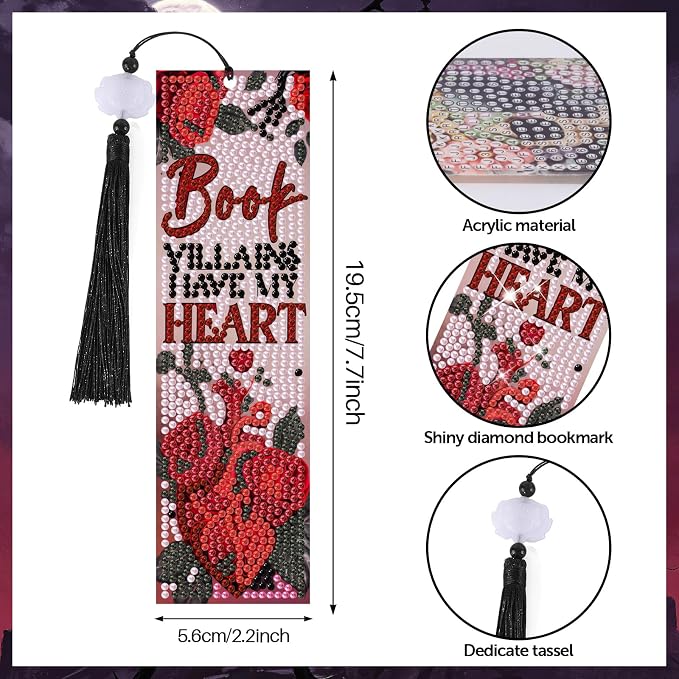 8 Pieces Dark Romance Diamond Art Bookmarks 5d Beaded Bookmark Acrylic Tassel Bookmark for DIY Making Beginners Adults Arts Craft Supplies (Dark Romance)