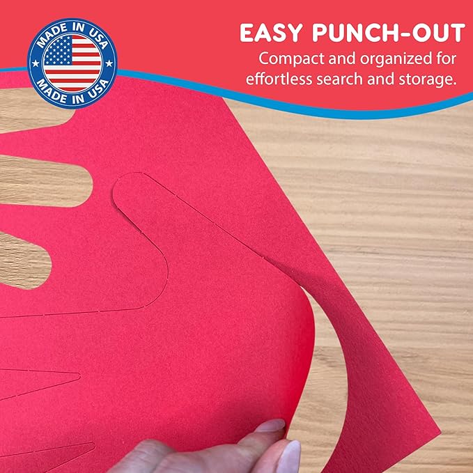 48 Piece Handprint Primary Cutouts with IDEA Guide, US Made 2-Sided Brightly Colored Card Stock Punch Out Handprint Paper Accents for Bulletin Boards, Classroom Decor, Back to School & DIY Crafting