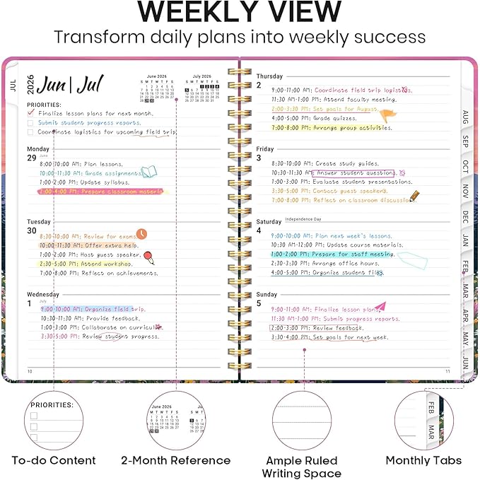 Academic Planner 2026-2027, Weekly and Monthly Calendar Book, July 2026 – June 2027, Hardcover Planner with Tabs, Perfect for Teachers, Students, Women & Men, A5 (6.4" x 8.5") - Hills