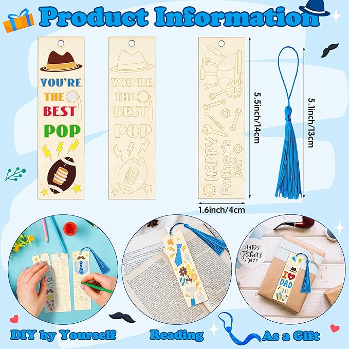 Father’s Day Color Your Own Blank Bookmarks for Kids - 36Pcs Unfinished Wooden Bookmarks with Tassel for Father’s Day Art Craft School Home DIY Activity Supplies Goodie Fillers