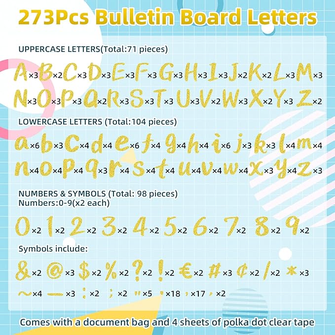 273 Pcs 4 Inch Glitter Bulletin Board Letters Set - Poster Board Letter Cutouts with Alphabet, Symbols, Numbers, Storage Bag - Classroom Decor, DIY Projects, Teacher Supplies, Office (Gloden Yellow)