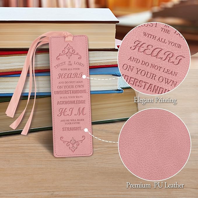 FINPAC Leather Bible Bookmarks, Vegan Religious Bookmarks, Bible Verse Book Markers Church Gifts for Women Men [Trust in The Lord with All Your Heart] - Pink