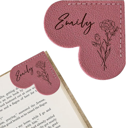 EDSG Personalized Leather Heart Bookmark, Cute Corner Bookmarks for Women, Men, Custom Birth Flower Book Marks with Name, Birthday Christmas Gifts for Book Lovers, Teachers, Students (Deep Pink-Heart)