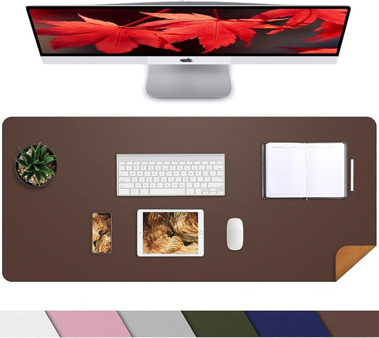 AFIING Leather Desk pad Protector, 35.4" x 17", Coffee,Desk mat | Dual-Sided Cork & PU Leather, Waterproof, Non-Slip, For Office & Gaming