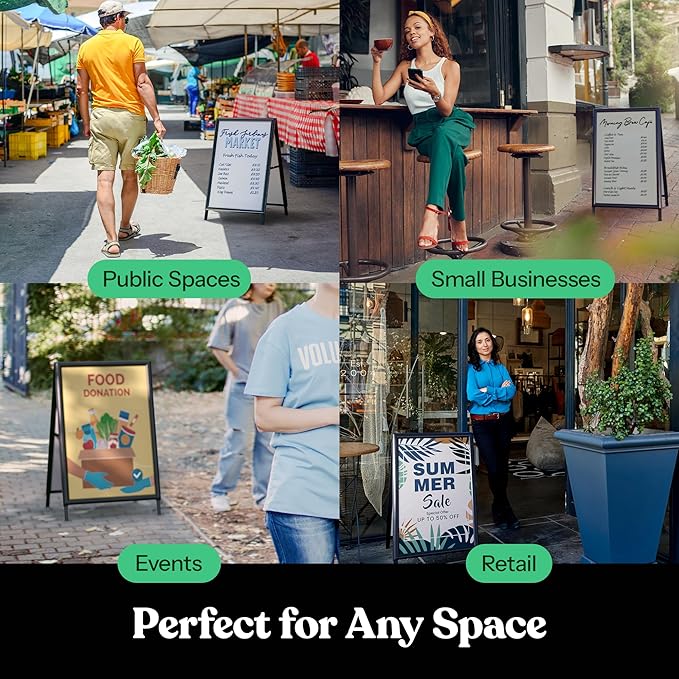 T-SIGN Sidewalk Sign for Indoor & Outdoor Sign - Open Aluminum A Frame Sign Poster Board 24x36 Inches, White Dry Erase Surface - Heavy Duty Double Sided Sandwich Board, Street Advertising Sign Board