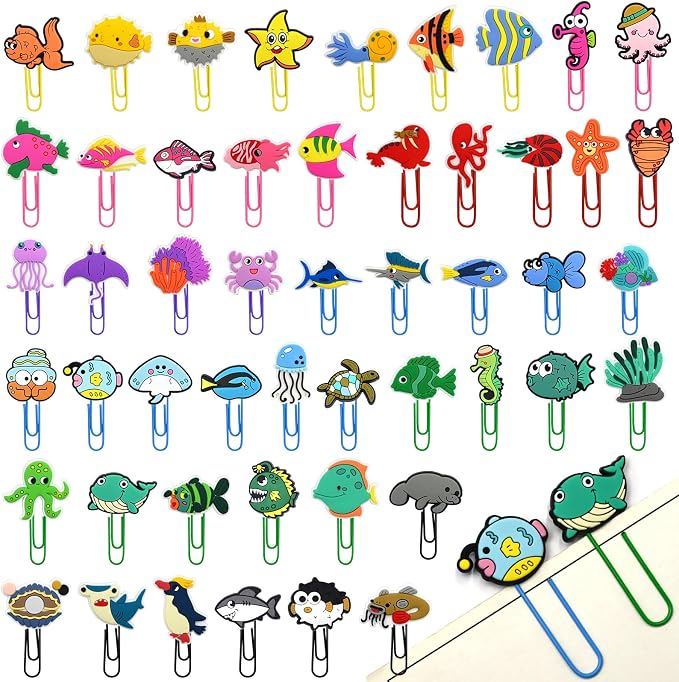 Cute Paper Clips, 50Pcs Ocean Animals Bookmark Paperclips Bulk Metal Fun Sea Animals Planner Clip Clamp Desk Accessories Stationery Colorful Office Supplies Gifts for Student Teacher Party Decorative