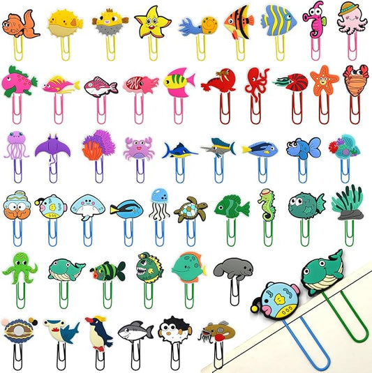 Cute Paper Clips, 50Pcs Ocean Animals Bookmark Paperclips Bulk Metal Fun Sea Animals Planner Clip Clamp Desk Accessories Stationery Colorful Office Supplies Gifts for Student Teacher Party Decorative
