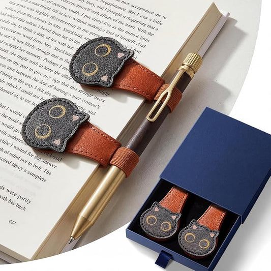 2Pcs Magnetic Bookmarks with Gift Box Magnetic Pen Holder for Notebook Cat Book Marks Clip Gift for Book Lover Readers Cute PU Leather Bookmark for Women, Cat (Brown+Brown)