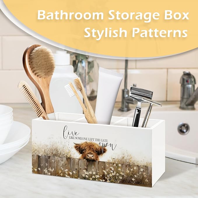 Inspirational Highland Cow Pen Pencil Holder, Highland Cow Gifts for Women, Live Like Someone Left the Gate Open Wooden Pen Pencil Organizer for Farmhouse Home Office Desk Decor